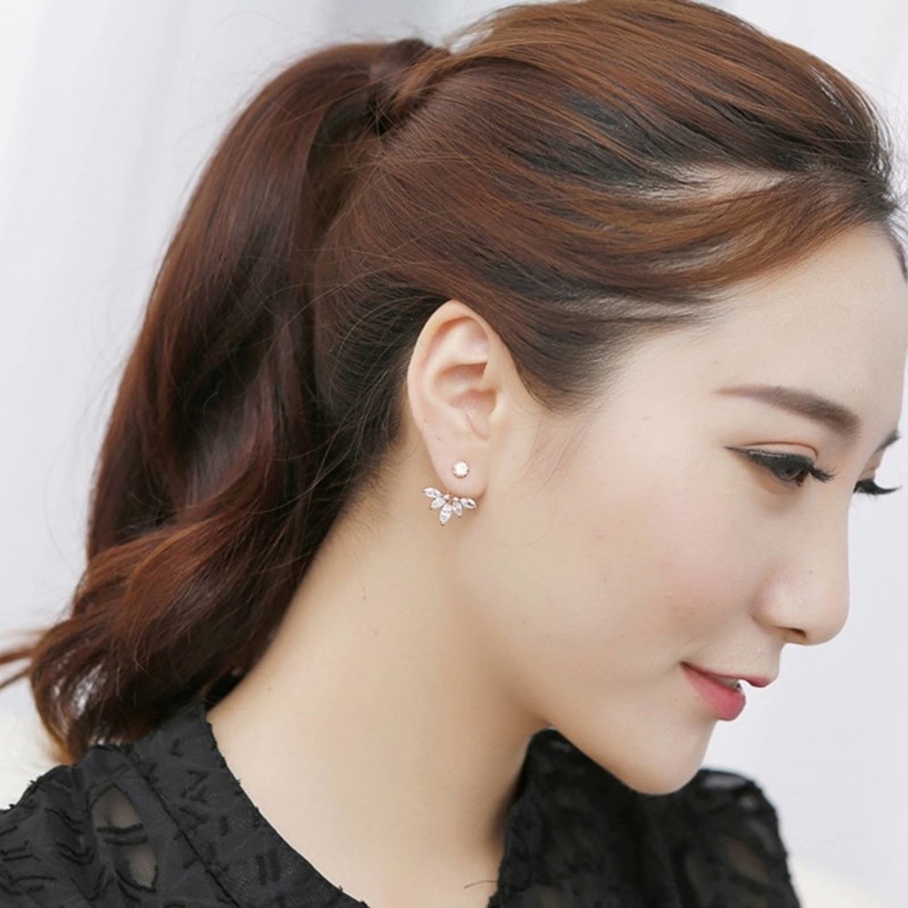 Minimalistic Crystal Gold Petal Stud Earrings - Picture 2 of 5